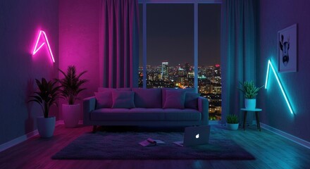Neonlit living room with city backdrop