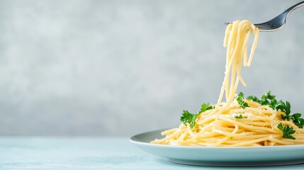 Delicious pasta served with fresh parsley on a light plate against a minimalist background for culinary themes