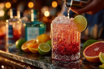 Colorful cocktail creation at a vibrant bar during a lively evening with fresh fruits and bar essentials enhancing the atmosphere