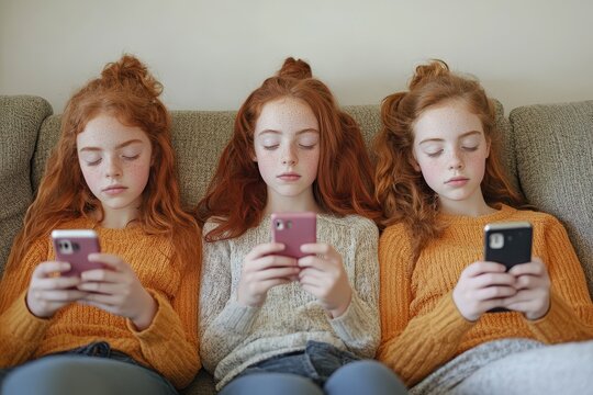 Triplet sisters relax at home while enjoying their smartphones in cozy sweaters, Teenager girls triplet sisters at home watch smart phones in social media lying on a couch