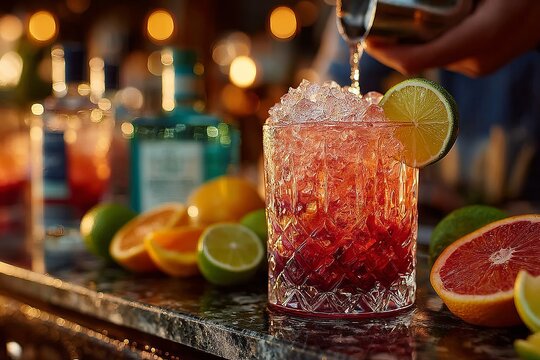 Colorful cocktail creation at a vibrant bar during a lively evening with fresh fruits and bar essentials enhancing the atmosphere