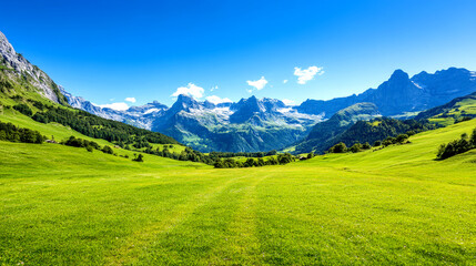Delicious natural yogurt topped with honey and a handful of nuts is placed on a rustic table amidst stunning green landscapes and blue sky