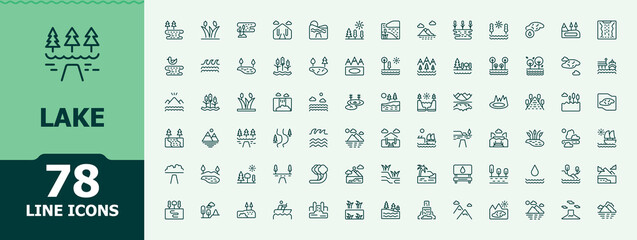 Lake vector icon set. River icon set in linear style. Minimalist icons collection. Contains outline symbols like land, nature, park, city, field and more. Vector artwork and illustration.