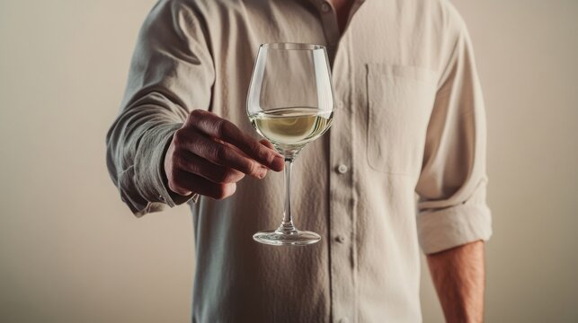 Man offering a glass of white wine inviting a toast of celebration and good times Clean