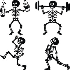 Cartoon Skeletons Exercising Drinking and Dancing in Black and White