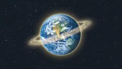 Obraz premium Planet earth with surrounded by glowing rings in dark starry space background