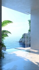 This minimal bathroom features a serene shower area overlooking a beautiful cliffside and tranquil sea, evoking a peaceful retreat