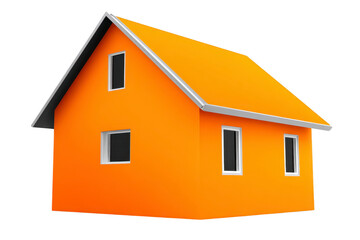 Modern, vibrant orange house with simple design and white framed windows, showcasing minimalist architectural style. house has pitched roof and clean, geometric structure
