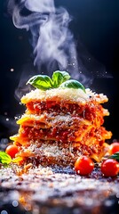 Steaming lasagna, kitchen, food photography, dark background, recipe