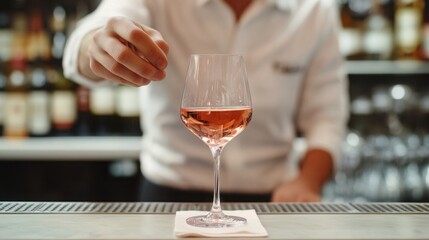 A bartender prepares a delicate ros wine perfecting the pour for an elegant happy hour