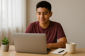 A young man is sitting at a desk with a laptop and a cup of coffee