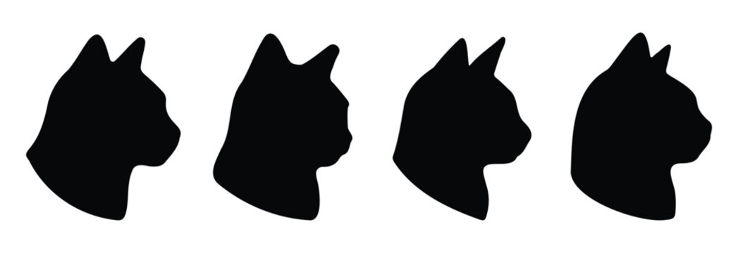 Collection of cat head silhouettes in side profile view, featuring pointed ears and rounded faces in clean vector style
