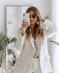 Woman is taking a selfie in front of a mirror
