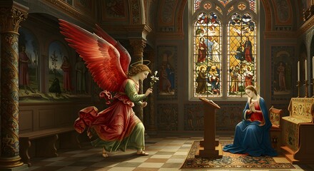 Renaissance sacred painting of the Annunciation, Archangel Gabriel with vibrant wings approaching Mary, radiant golden light through stained glass window, rich Renaissance decor.