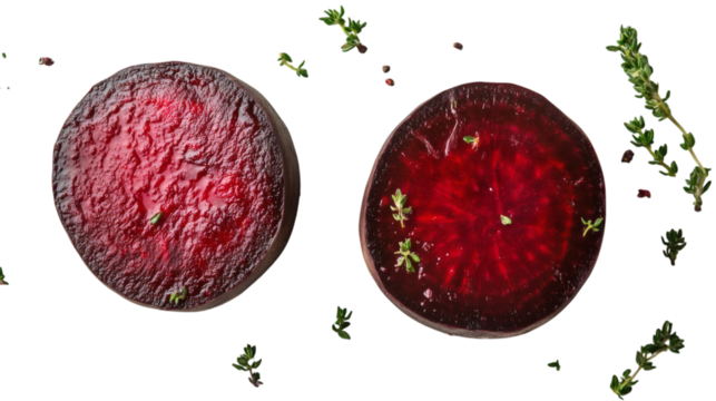 Whole roasted beetroot sliced open to reveal its deep red interior with fresh thyme isolated on transparent background 