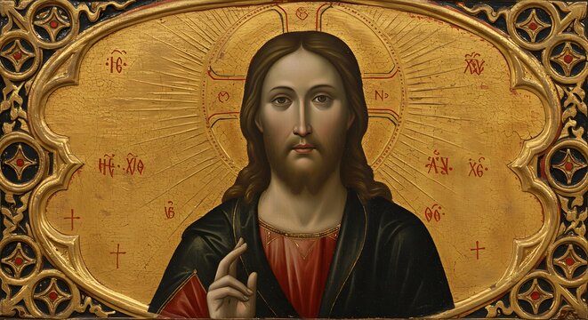 Sacred Renaissance painting of Christ Pantocrator, intricate golden background, realistic folds in robe, piercing gaze, symmetrical balance, classical Renaissance proportions