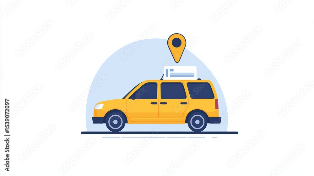 Poster yellow vehicle with map marker and delivery box in a simple flat design illustrating transportation 