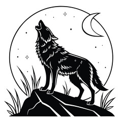 Obraz premium Silhouette of a Wolf Howling at the Moon amid Nature's Beauty Symbolic of Wilderness and Nocturnal Serenity