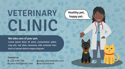 Veterinary Clinic Advertisement Template - Logotype, Illustrations of Black Woman Doctor, Doberman Dog and Orange Cat on Veterinary Background. Blue Layout.