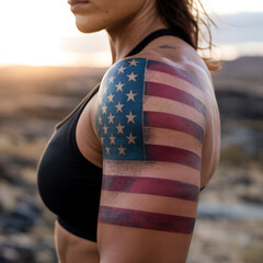 Mujer patriota presume su tatuaje de la bandera de Estados Unidos en su brazo.