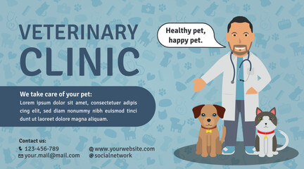 Veterinary Clinic Advertisement Template - Logotype, Illustrations of Brown Man Doctor, Brown Dog and Street Cat on Veterinary Background. Blue Layout.