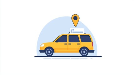 Yellow vehicle with map marker and delivery box in a simple flat design illustrating transportation and logistics concepts