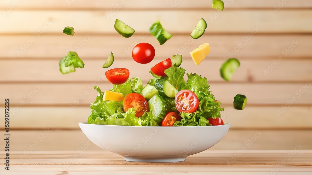 Poster fresh and colorful salad with floating vegetables on a wooden table setting