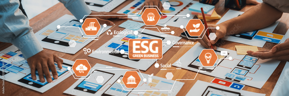 Aufkleber collaborative efforts for green business strategies illustrated with esg concepts on a modern worksp