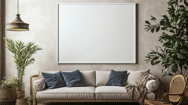 White empty poster frame hanging above couch in modern living room with minimalist decor and neutral tones. Mockup. Copy space.