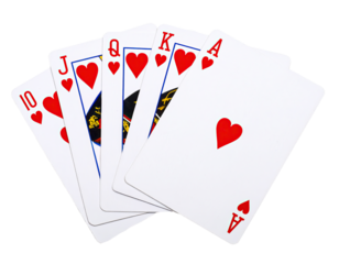 Red hearts Royal Flush poker cards spread out, isolated on white or transparent background