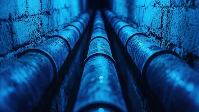 Close-up view of metallic pipes lined in a dark and moody underground setting, highlighting industrial design and engineering.