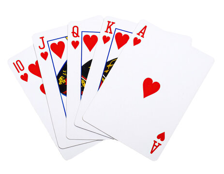Red hearts Royal Flush poker cards spread out, isolated on white or transparent background