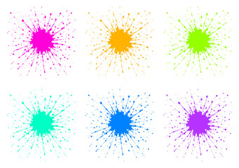 Colorful paint splashes in pink, orange, green, cyan, blue, and purple arranged in a 2x3 grid on a white background.