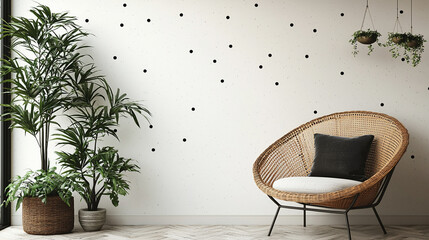 Modern living room interior with wooden furniture and a single chair