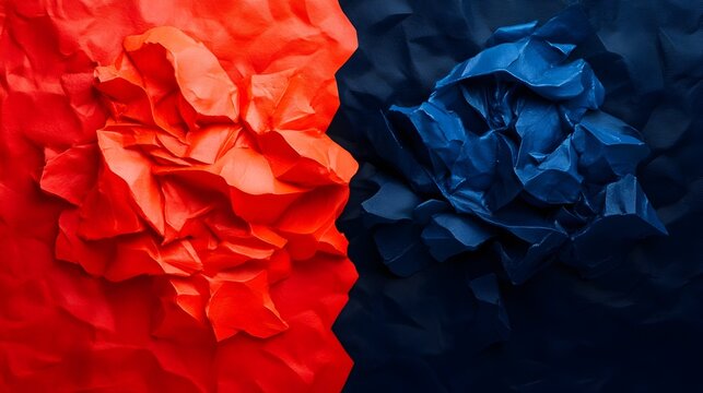 Crumpled red and blue paper contrast, studio shot, textured background, design element