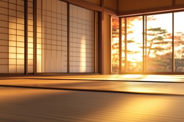 Fototapeta premium Traditional Japanese tatami room with shoji screens illuminated by sunset glow, Traditional Japanese tatami room with shoji screens, background