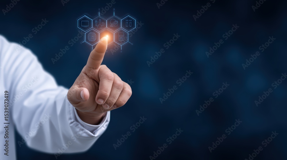 Poster hand touching digital interface with technology icons and hexagons in a scientific background