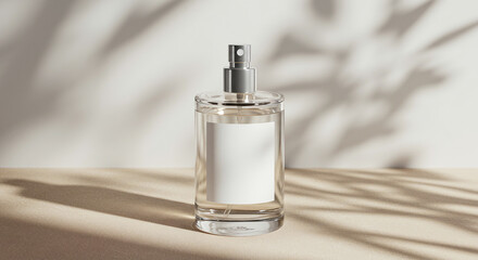 Clear perfume bottle with a white label on a beige surface with leaf shadows