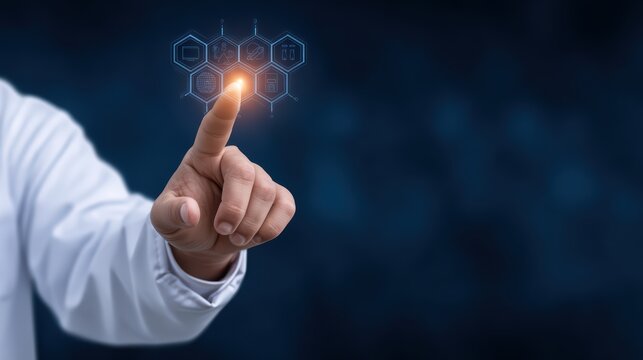 Hand Touching Digital Interface with Technology Icons and Hexagons in a Scientific Background