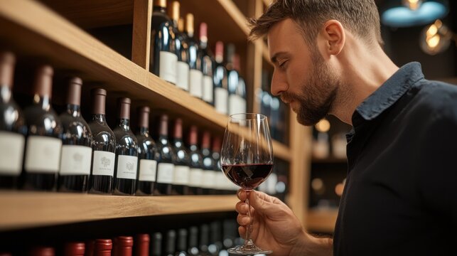A man deeply inhaling the rich aroma of red wine amidst vintage bottles and warm ambient