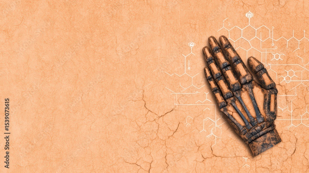 Poster rusted robot hand on grunge background with science elements and cracked texture