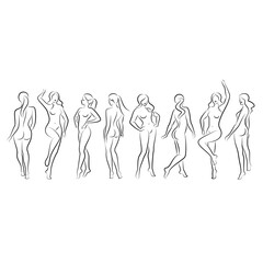 Collection. Silhouette of a cute lady, she is standing. The girl has a beautiful naked figure. The woman is a young sexy and slim model. Vector illustration set