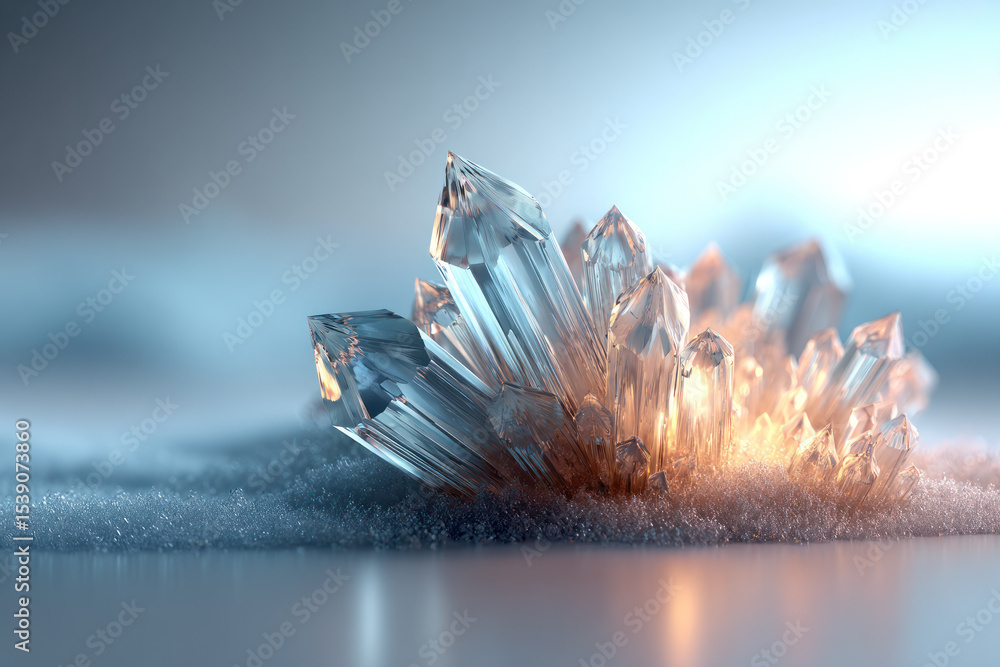 Poster crystal structures softly glow in dim light, highlighting their intricate shapes and reflections