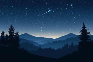 Majestic silhouette of hills and trees under a shooting star in a serene night sky, Silhouette of hills and trees with shooting star in starry night sky
