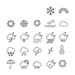 Meteorology and Weather Icons Collection | Thin Line Editable Vector Set | Temperature, Sunshine, Rainfall, Snowflakes, Clouds, Humidity, Forecast, and Climate Conditions