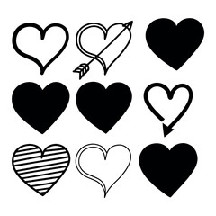 Set of 9 Black Doodle Heart Icons Vector