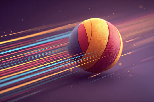 Volleyball spins rapidly as it moves, leaving bright streaks of color against a bold, vibrant backdrop