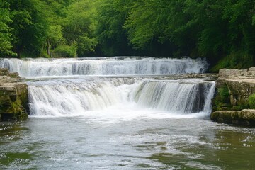 Obraz premium View down the lower falls at Aysgarth showcasing tranquil waters and lush greenery, long shot looking down the lower falls at Aysgarth falls on the river ure, Yorkshire dales