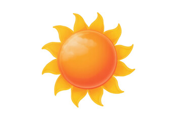Bright, cheerful sun illustration with glossy orange center and vibrant yellow rays, symbolizing warmth and positivity. design is simple and eye catching, perfect for various creative projects