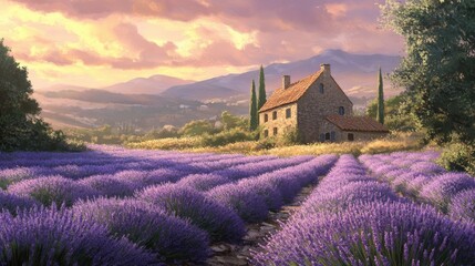 An enchanting landscape shows lavender fields near a countryside house